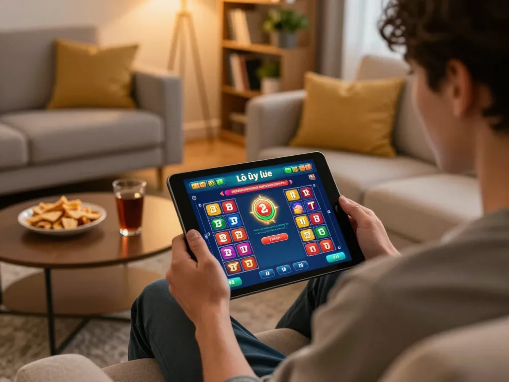Engaging lô đề uy tín betting scene with an individual using a tablet in a cozy home setting.