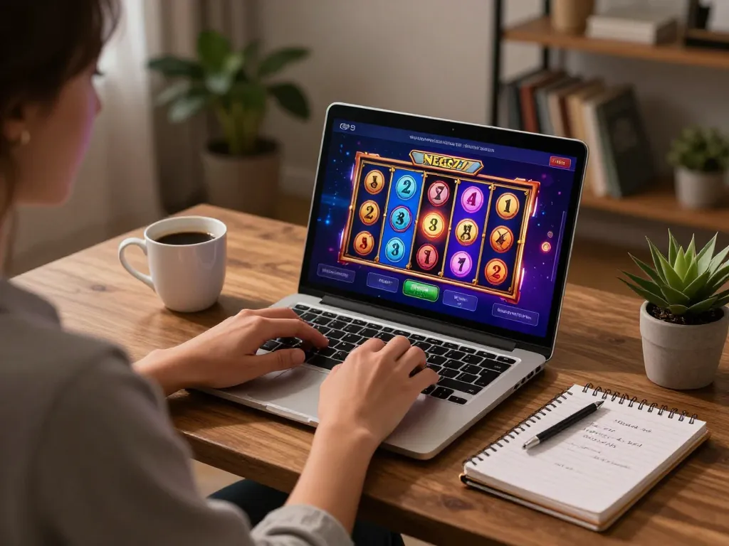 Engaging online gaming moment at NEGO77 with a cozy home setup showing a player on a laptop.