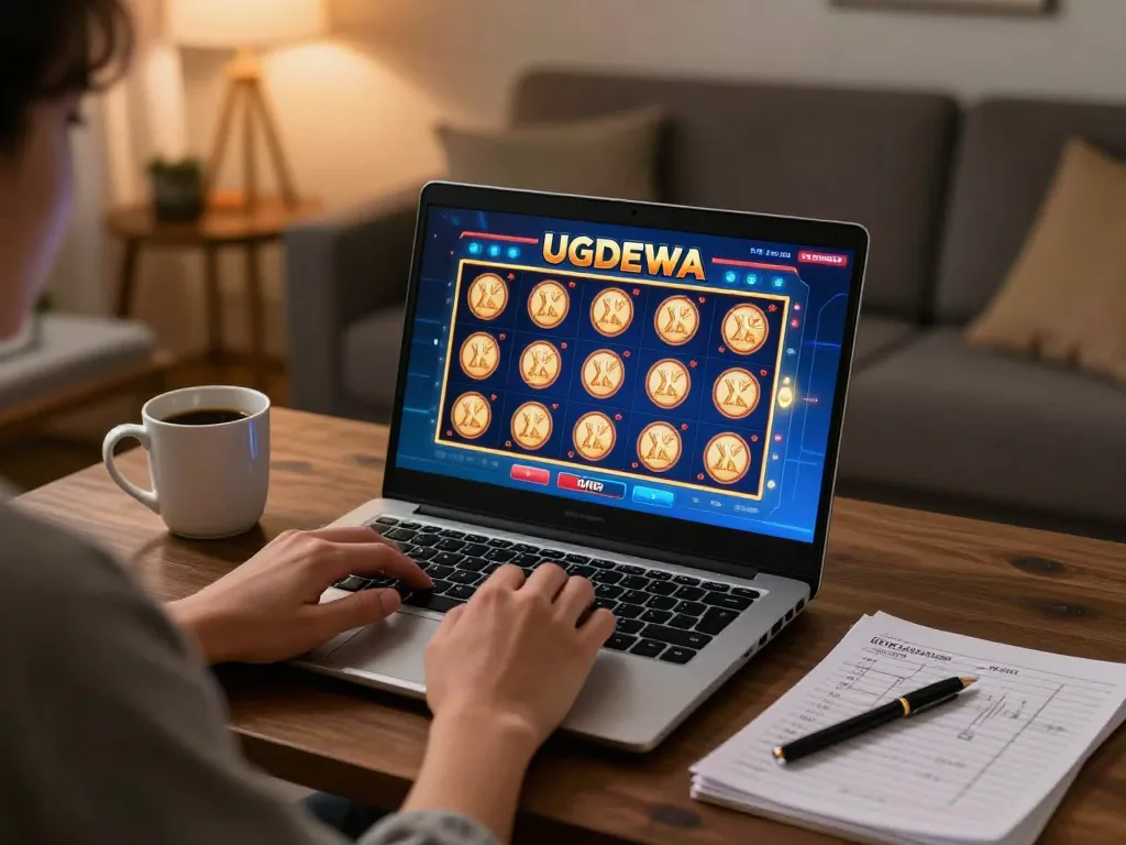 Player engaging with UGDEWA slot game online at home, showcasing strategic notes and cozy setup.
