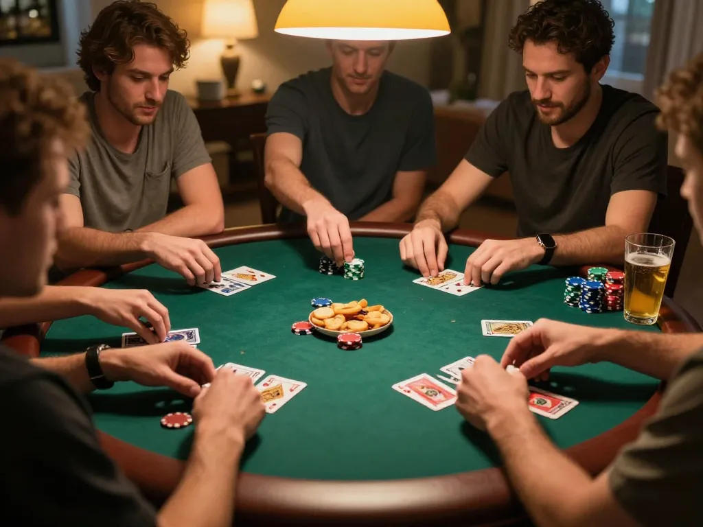 Jangkar55 players strategizing during a lively home poker night with vibrant gameplay atmosphere.