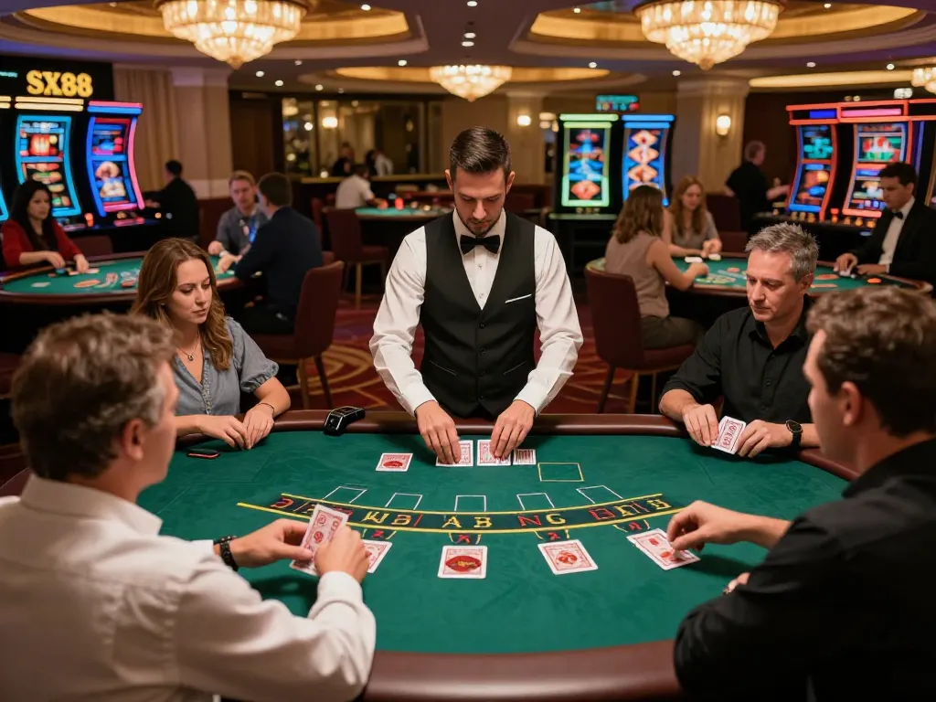 SX88 players engaging at the blackjack table in a luxurious casino setting, showcasing thrilling gameplay.