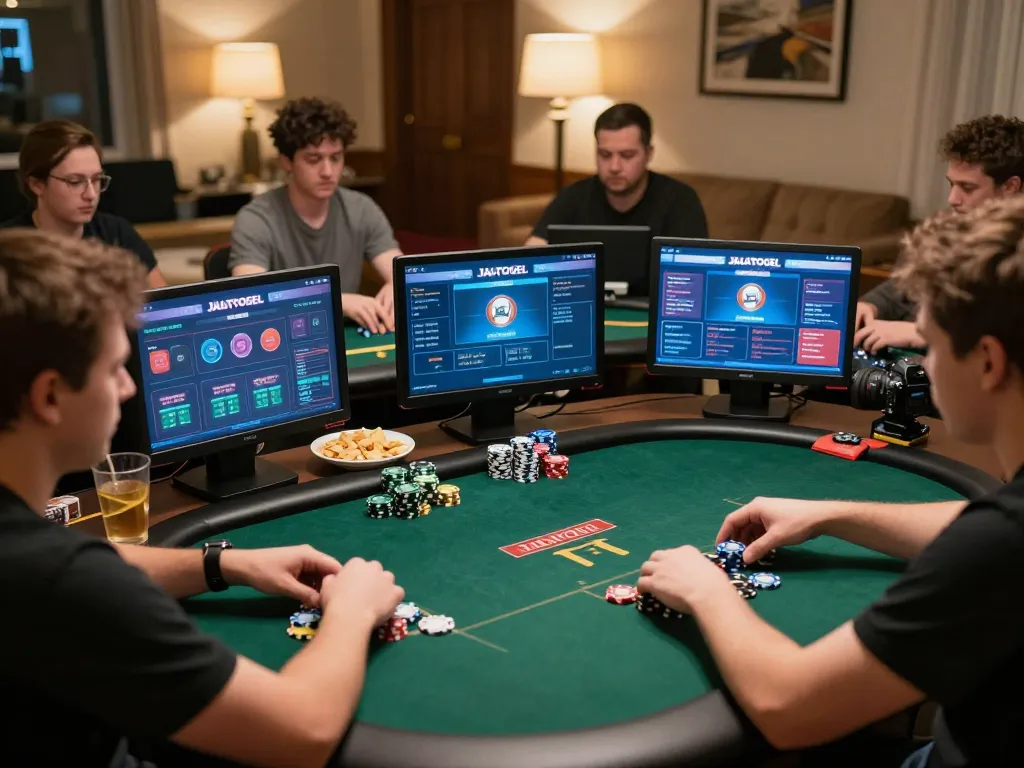 Pemain yang terlibat dalam permainan poker online yang menarik di platform JALATOGEL, menunjukkan permainan yang fokus dan camilan.