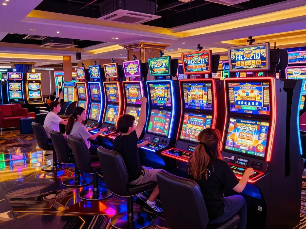 Players enjoying LGOSUPER slot machines, celebrating wins in a vibrant casino atmosphere.
