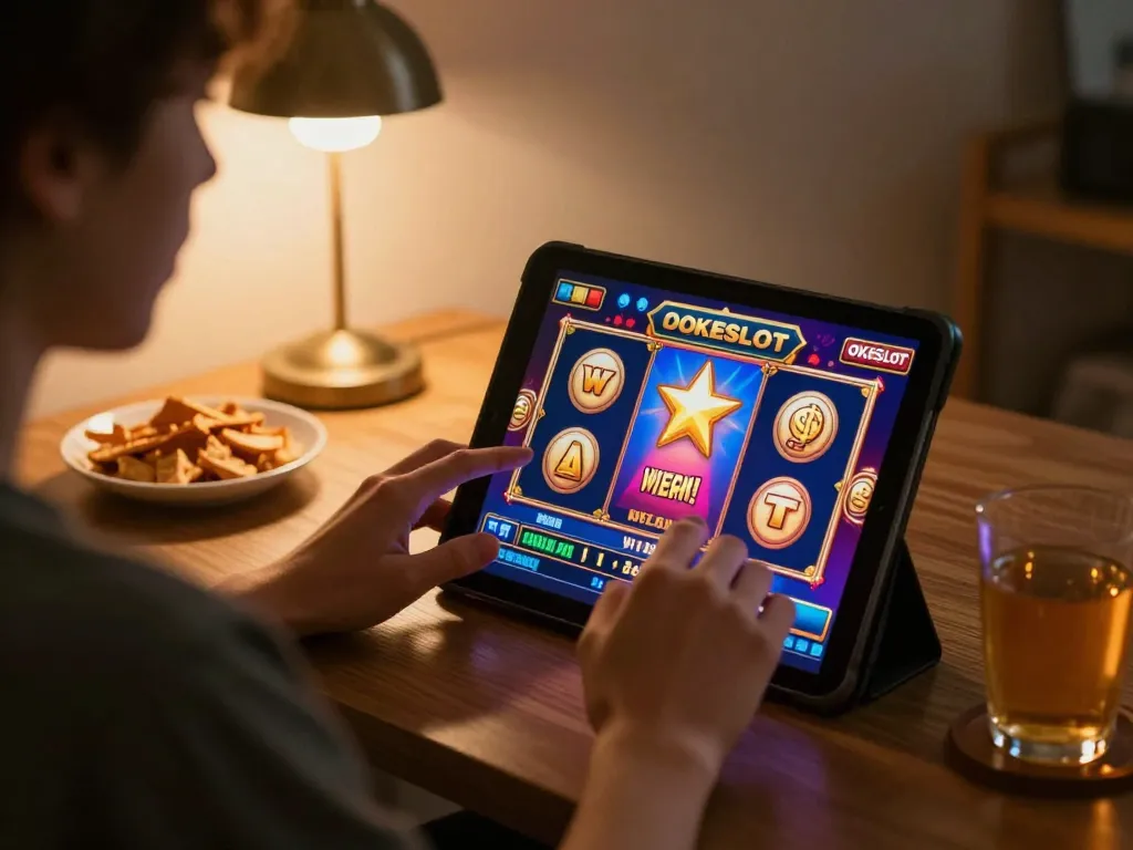 Engaging in online slots gameplay on OKESLOT tablet in a cozy home setup.