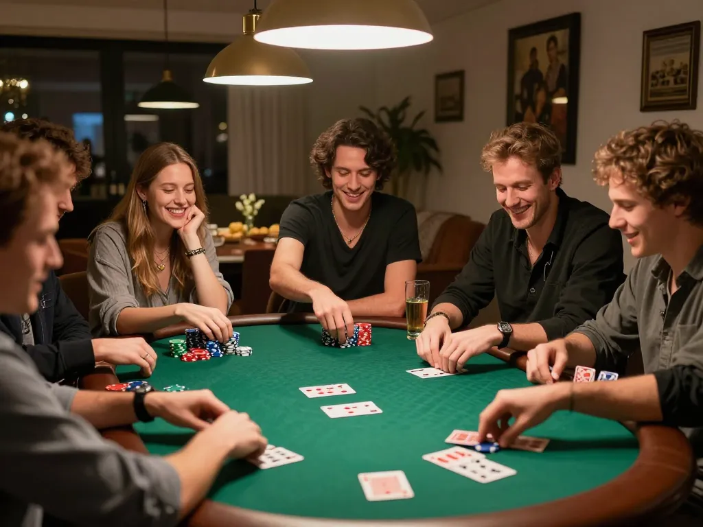 I9BET players enjoying a lively home poker night, showcasing strategy and camaraderie.