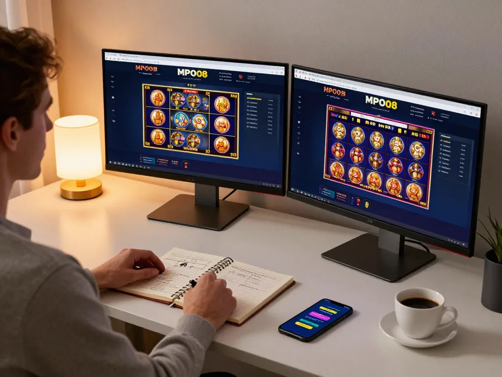 MPO08 online player engaged in strategic gameplay on dual monitors in a cozy home office