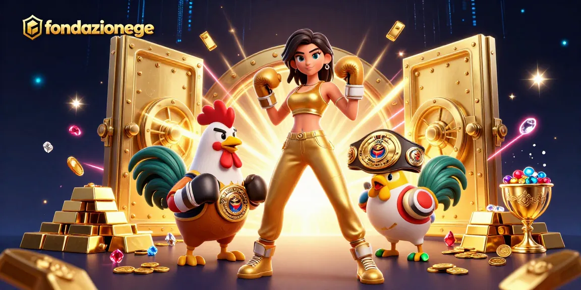 Experience thrilling togel action with fondazionege, featuring a dynamic scene of a boxing champion and a rooster amidst casino treasures.