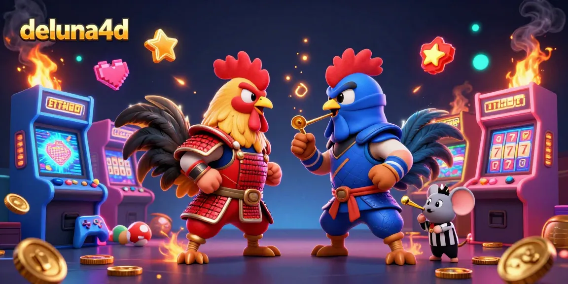 Engage with deluna4d as twin roosters battle in a gaming arena filled with vibrant arcade elements.