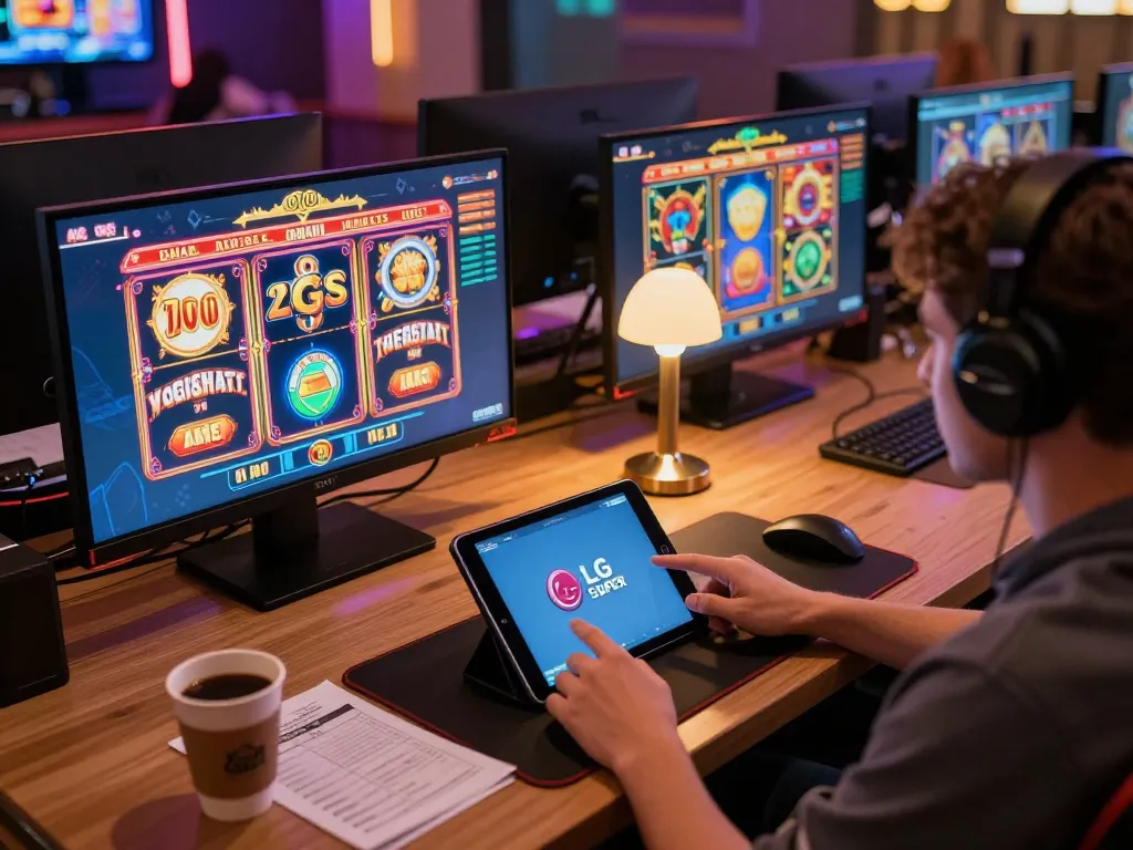 Engaging player using LGOSUPER's online platform while planning strategic bets with coffee and notes.