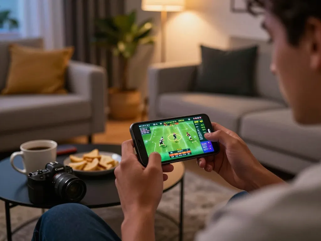 manclub sports betting on smartphone in a cozy home setup, showcasing live odds in engaging environment