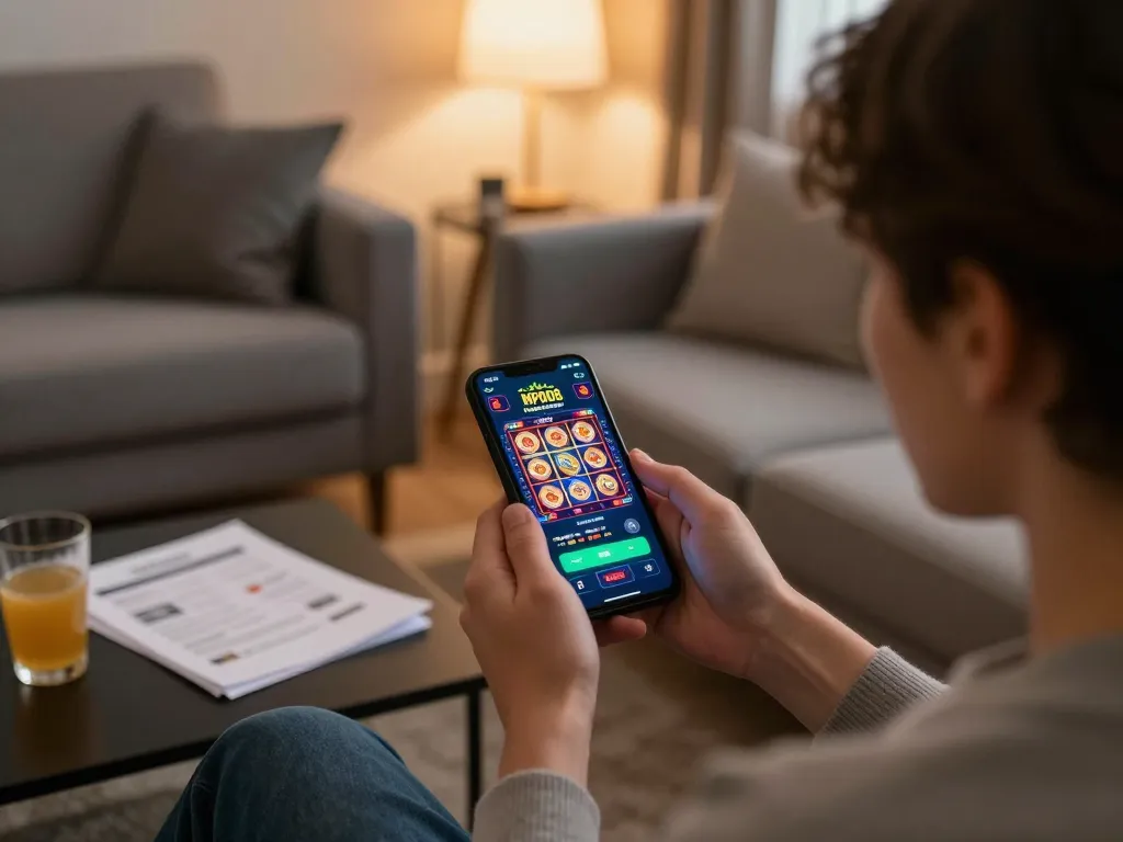 MPO08 players enjoying a strategic online gaming session on a smartphone with vibrant slot machines.