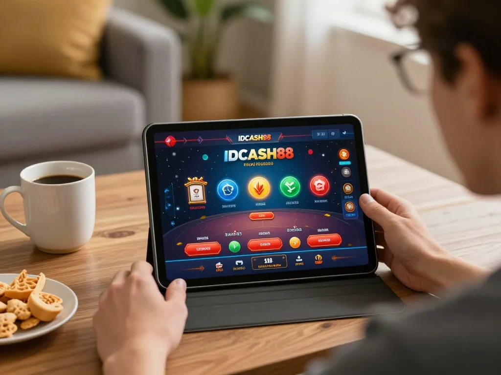 Engaging gameplay on IDCASH88 casino app in a cozy home setting