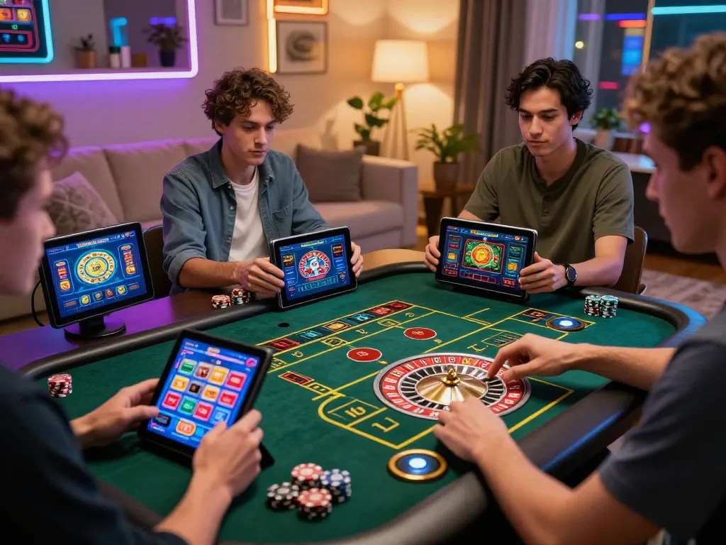 Players engaging in dynamic online gambling at GO8 with vibrant tablet graphics, showcasing excitement and strategy.