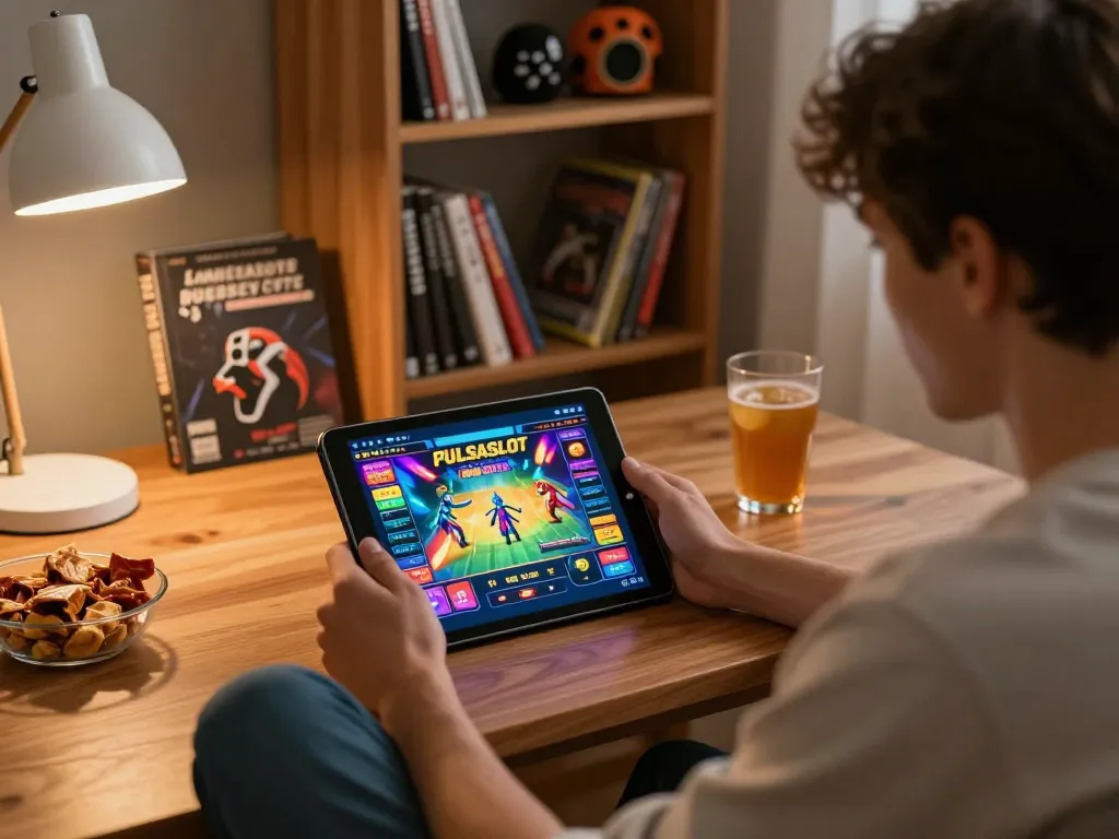 PULSASLOT player engaging with online casino game on tablet in a cozy home setting, enhancing gaming experience.