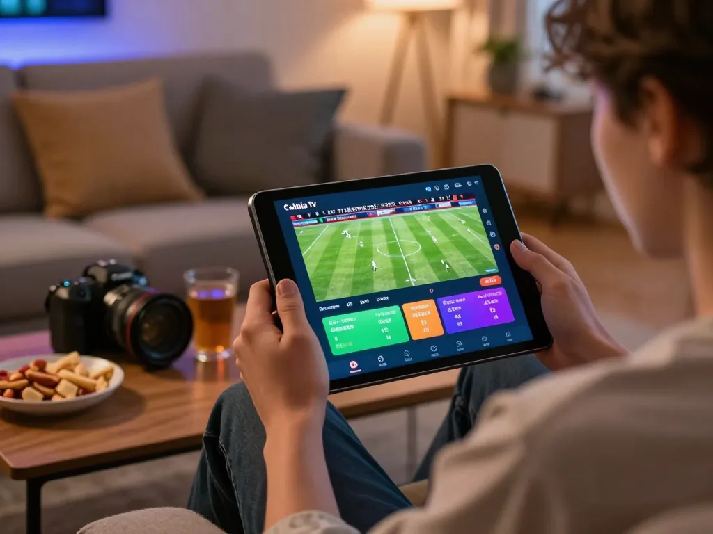 Cakhia tv user engaging with live sports betting on tablet, cozy home atmosphere.