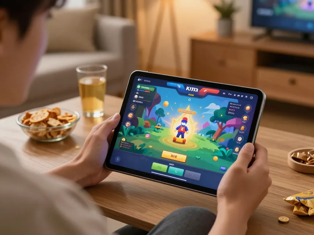 KADAL778 player enjoying interactive idle games on a tablet in a cozy home setting.