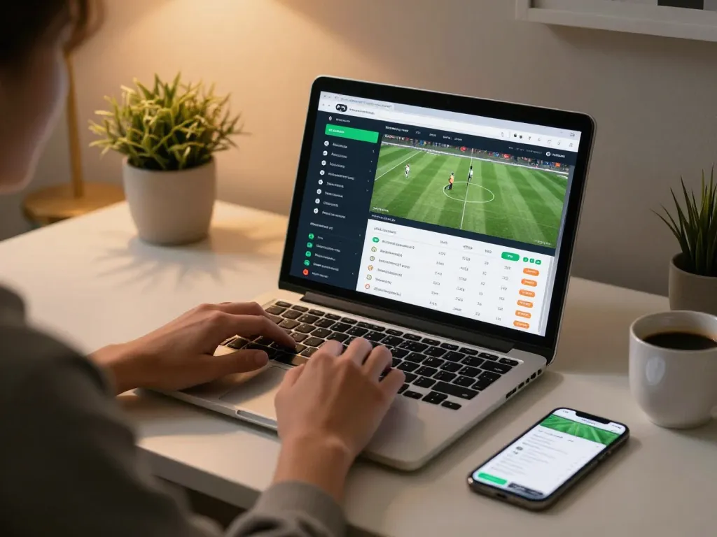 Place bets on LGOGOAL with live sports odds displayed on a laptop, evoking excitement for gamblers