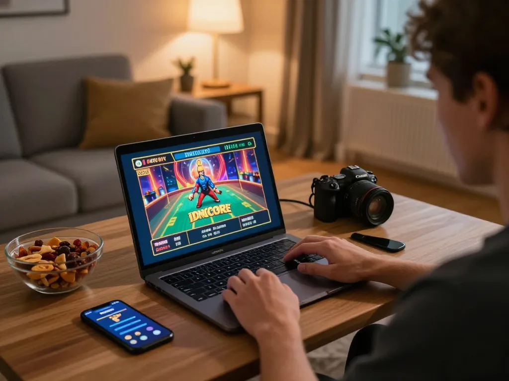 IDNSCORE player enjoying dynamic online slots gameplay in a cozy home setting