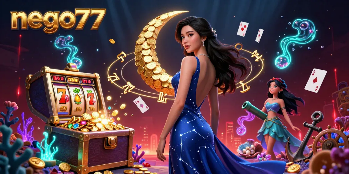 Nego77 showcases a vibrant casino scene with an elegant Asian woman surrounded by slot machine elements, creating winning chances.