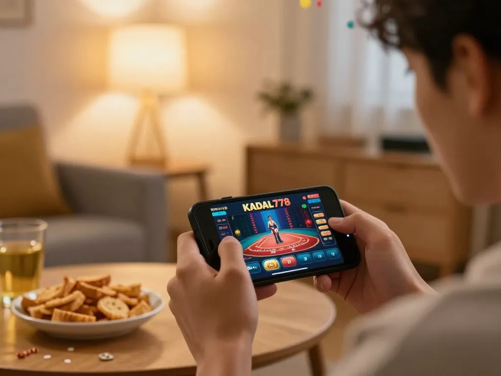 KADAL778 player enjoying online casino gaming on smartphone in a cozy home setting.