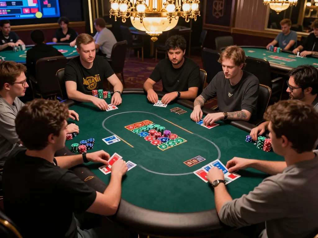 Players strategize during an online poker game at Fat Fish Cantina casino, showcasing vibrant action and excitement.