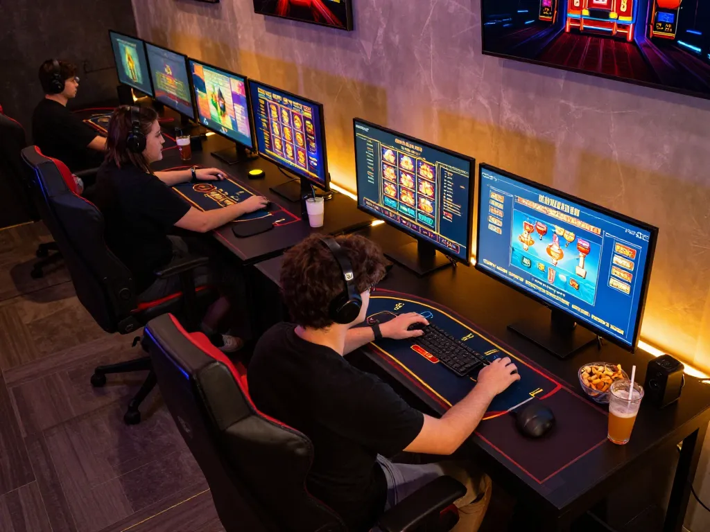 Nego77 user engaged in an intense online casino gaming session with multiple screens