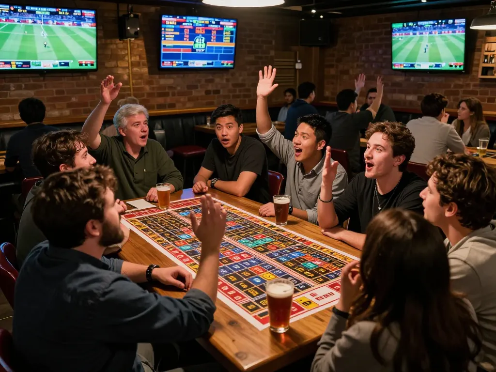 Sports betting patrons analyzing kèo nhà cái odds in a lively sports bar environment.