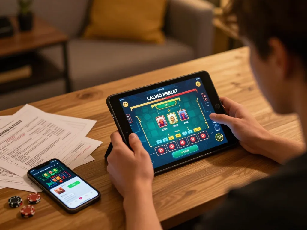 Player engaging with peri11 app on tablet, surrounded by betting strategy notes and warm lighting