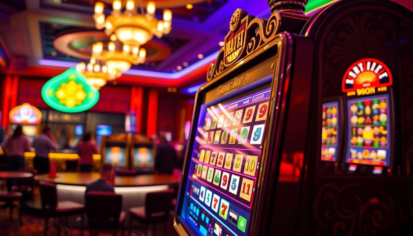 Slot dalam mesin permainan yang cemerlang di kasino dengan lampu berwarna-warni.