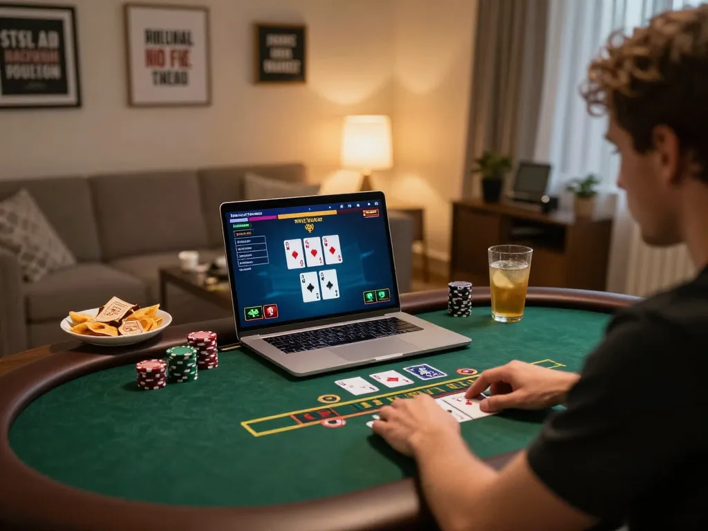 A person plays online blackjack at home using a laptop, showcasing sc888 gaming interface, conveying a cozy and responsible gaming atmosphere.