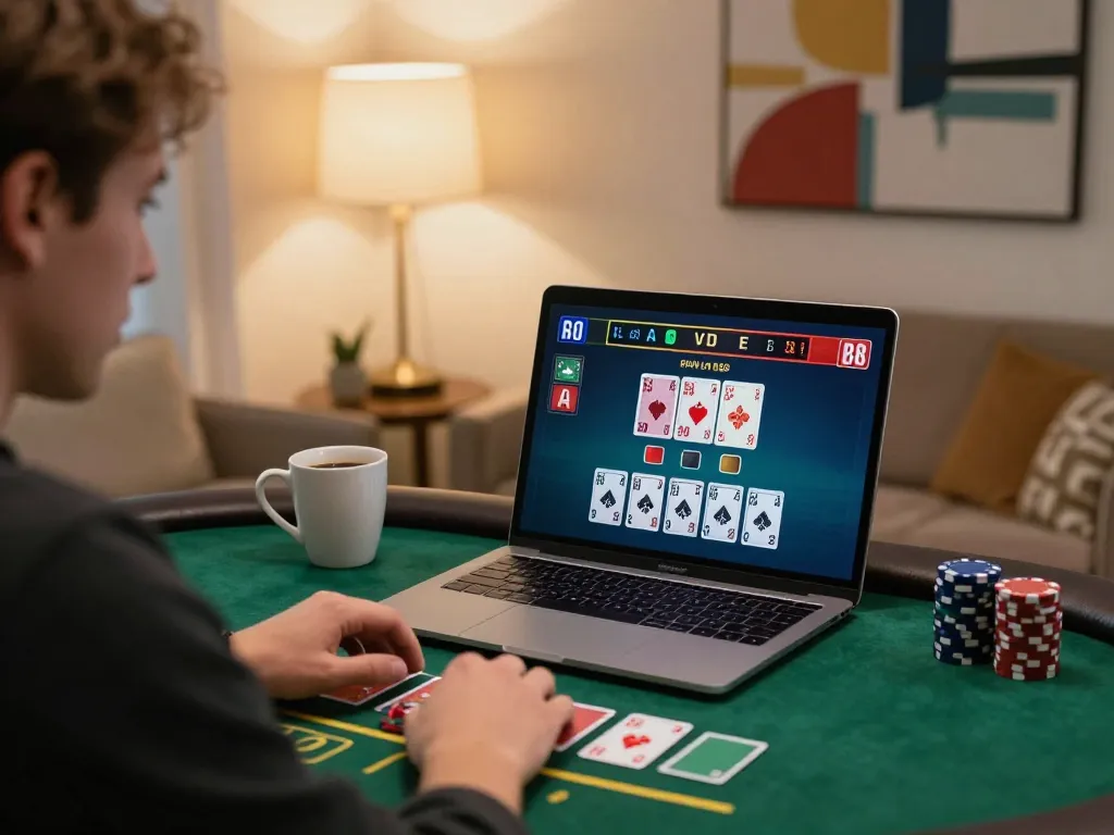 Engaging online gaming session with UGDEWA blackjack interface on laptop, player analyzing strategy.