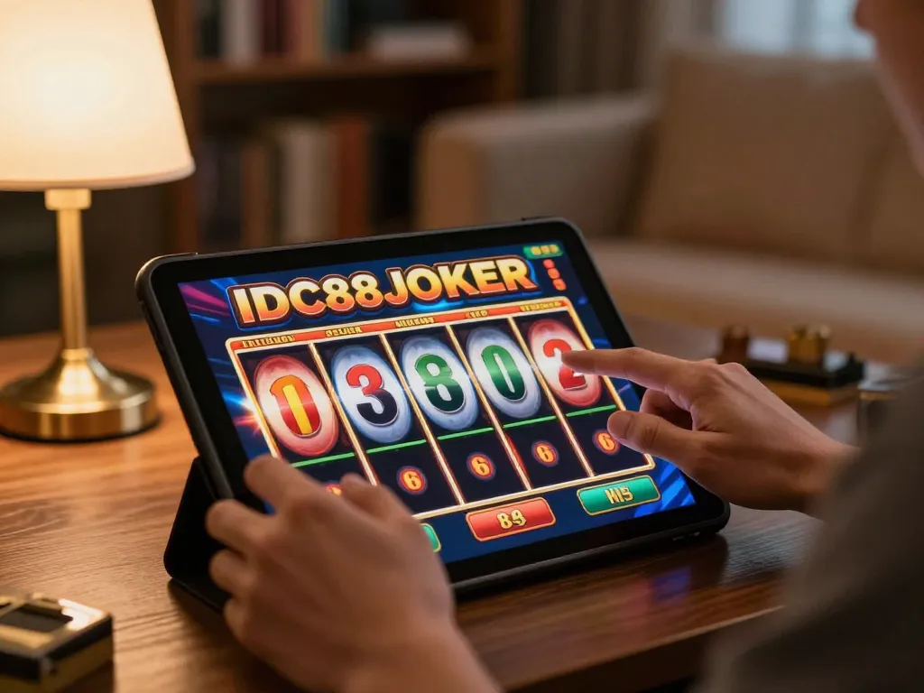 Watch a player engaging with IDC88JOKER slot games on a tablet, highlighting the excitement of online gambling