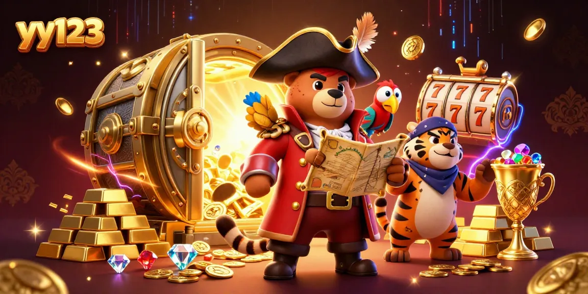 Bet on thrilling adventures with yy123 in this rich, vibrant casino scene featuring a pirate bear and tiger.