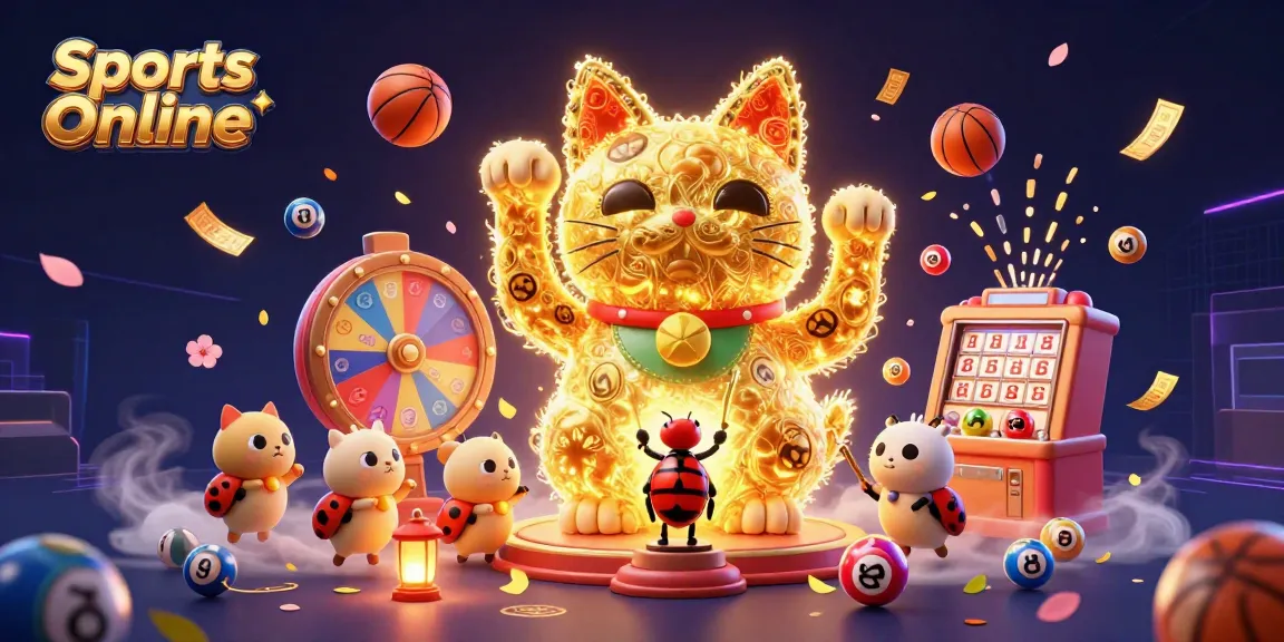 Experience Sports Online betting with a vibrant illustration of a lucky cat and sports symbols in an engaging scene.