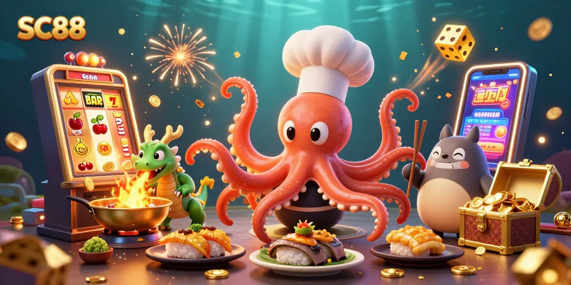 Experience exciting casino action with SC88 featuring a vibrant scene of an octopus chef, dragon, and tanuki.