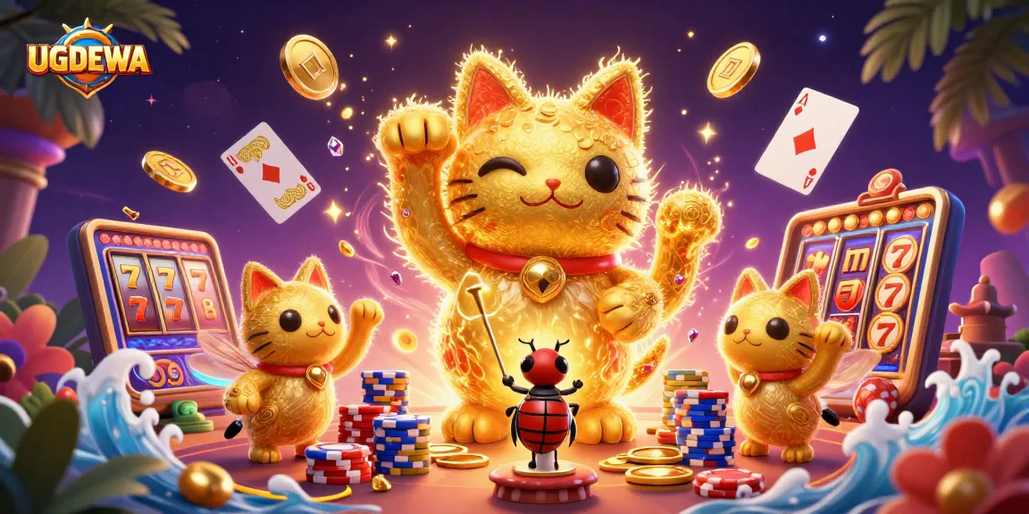 Experience winning with UGDEWA's vibrant 3D casino universe filled with golden coins and luck!