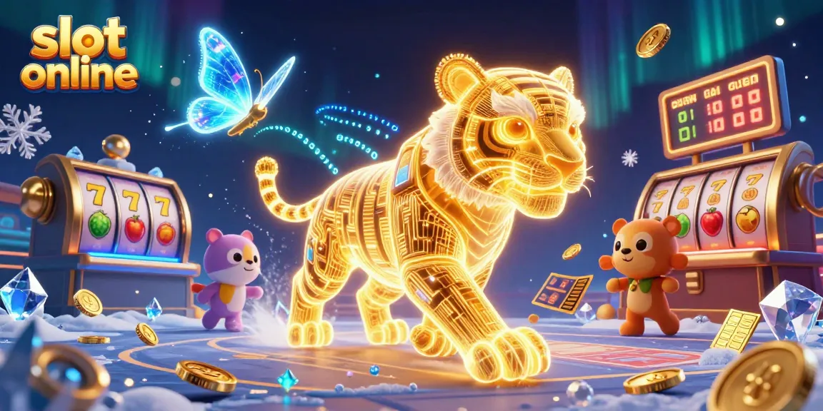 Slot online menarik dengan simbol keberuntungan dan elemen kasino di desain 3D