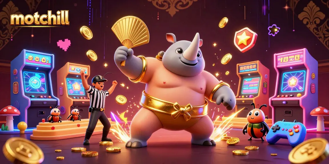 Watch the motchill action unfold as the sumo champion beetle sends coins flying in a vibrant casino scene.