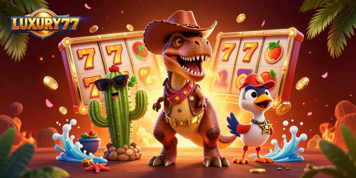 LUXURY777 merayakan kemenangan besar di mesin slot dengan dinosaurus cowboy dan teman-temannya.