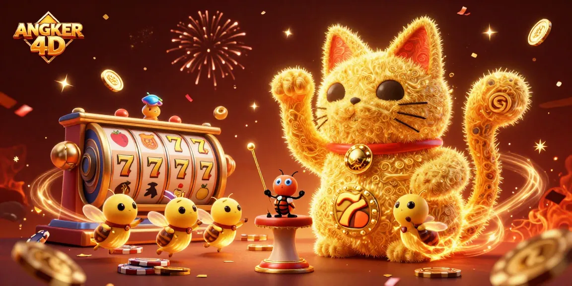 Join the fun at ANGKER 4D with a vibrant illustration of a lucky cat and casino symbols.