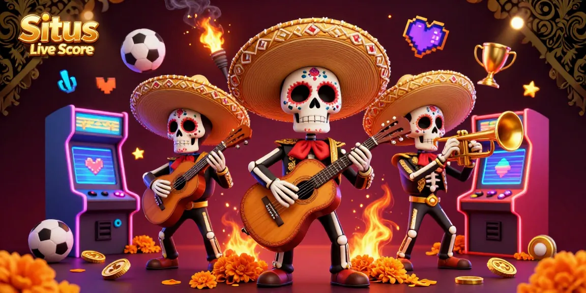 Situs Live Score illustrated with vibrant skeleton mariachi band celebrating sports betting excitement in a dynamic 3D scene.