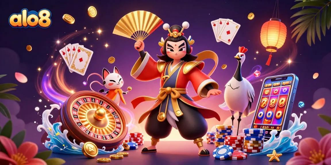 Spin the reels and win at alo8 with a vibrant casino scene filled with golden coins and treasures.