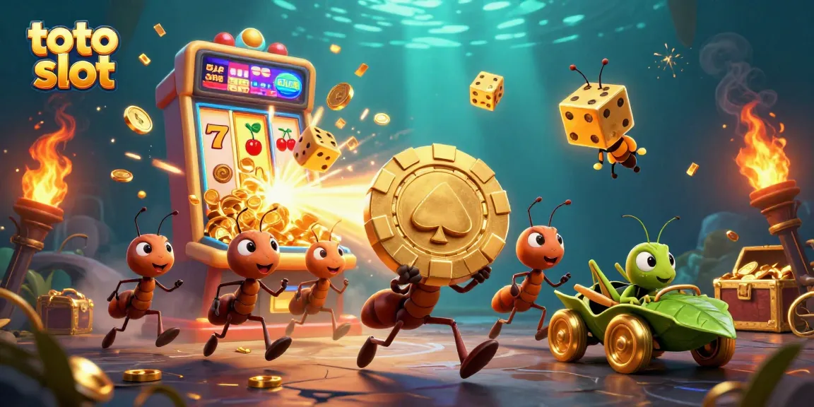 Engage with the vibrant toto slot world featuring cartoon ants on a heist amidst dynamic casino elements.