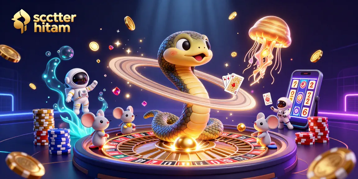 Experience scatter hitam in a vibrant casino scene with cosmic elements and animated characters.