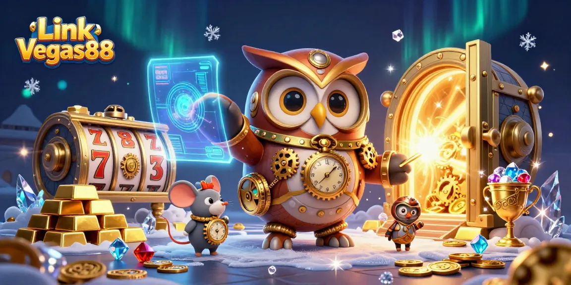 Win big with Link Vegas88 in a captivating 3D casino illustration showcasing slot reels and treasures!