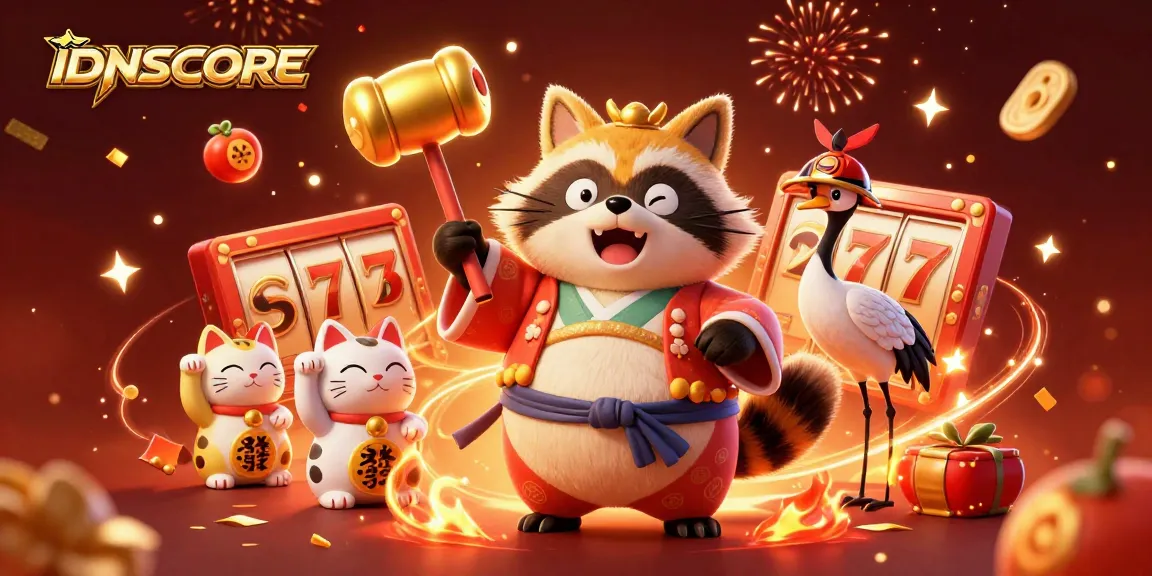 Experience the excitement of IDNSCORE with a vibrant casino scene featuring a cheerful tanuki, lucky elements, and festive fireworks.