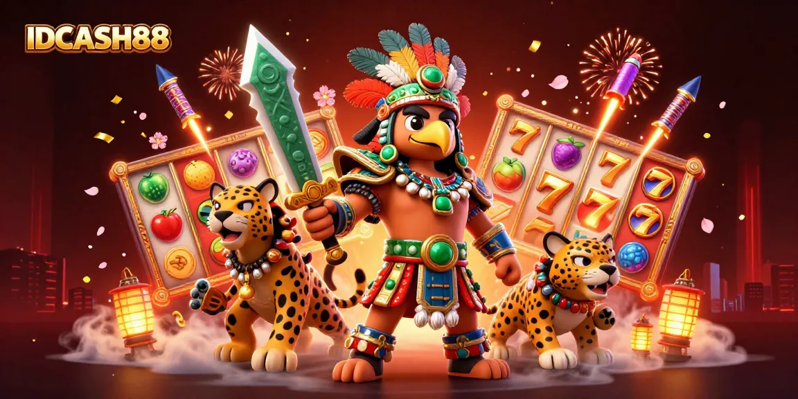 Experience thrilling slots at IDCASH88 with spinning reels, jackpots, and festive elements in a vibrant setting.