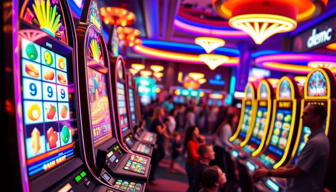Experience the excitement of Demo PG SOFT in a colorful casino atmosphere full of vibrant slot machines.