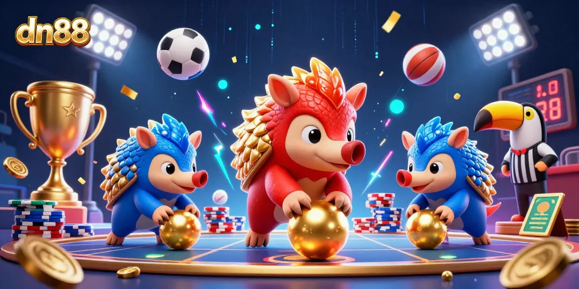 Experience thrilling gameplay at dn88 with rival pangolins, poker chips, and vibrant sports elements.