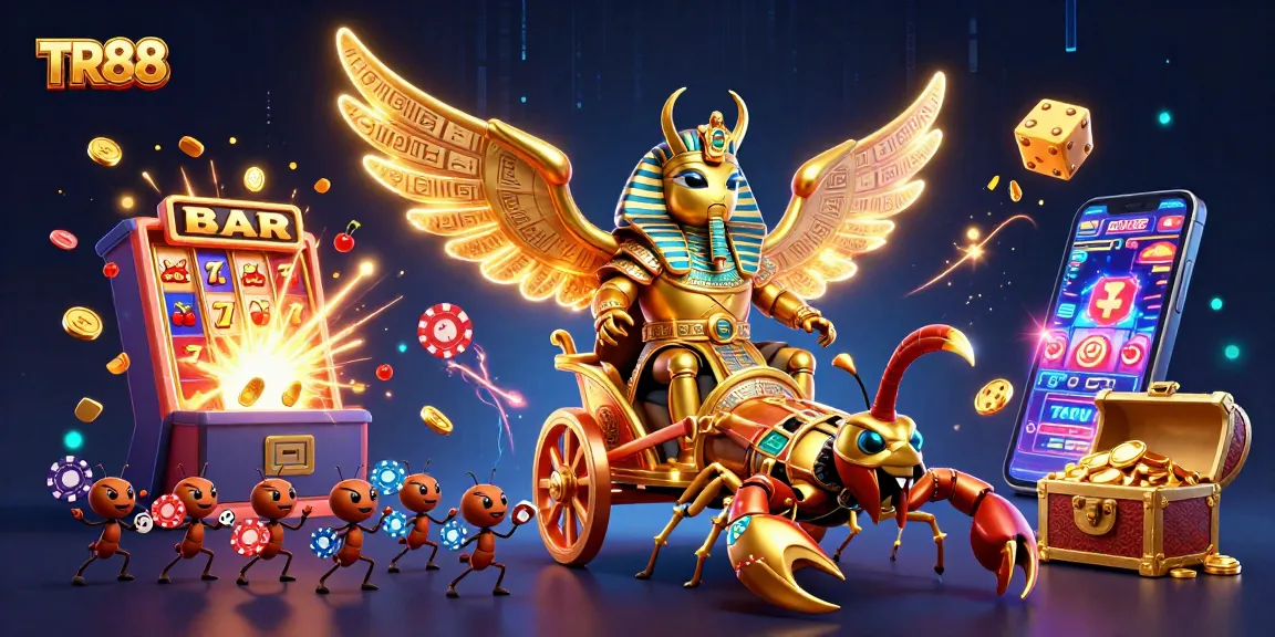 Experience TR88's vibrant casino excitement with a dynamic 3D illustration featuring dazzling slot elements.
